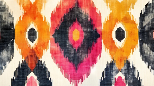 Abstract ikat fabric pattern featuring bold geometric shapes in orange pink and black forming a stri