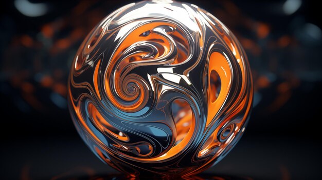 Photo abstract illumination sphere with metallic swirl patterns in vibrant orange and blue