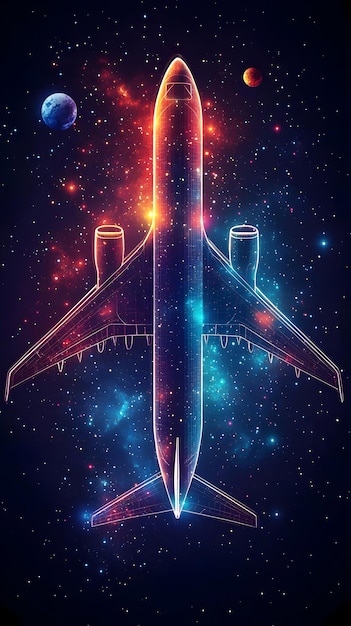 Photo abstract illustration of an airplane soaring through a vibrant galaxy