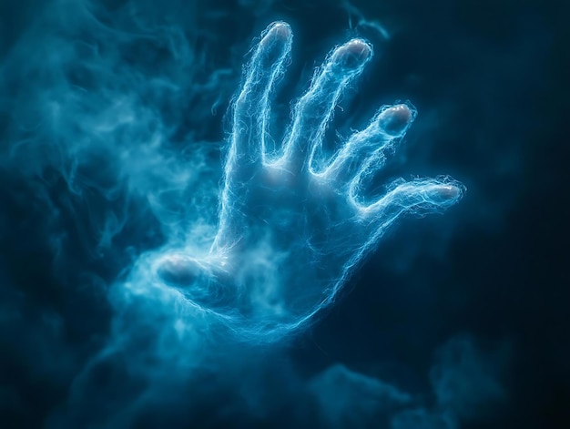 Abstract Illustration of a Blue Hand Reaching Out of Smoke