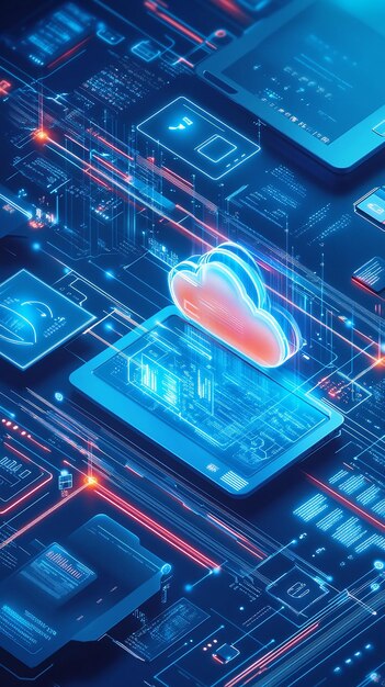 Abstract illustration of a cloud computing network with glowing blue and red lines and data