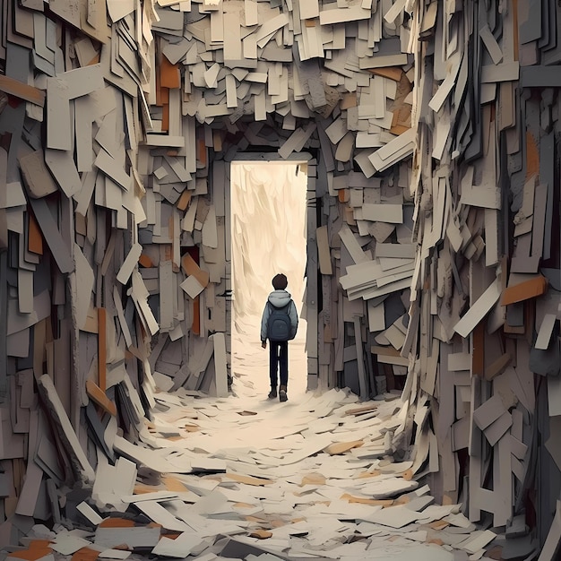 Abstract illustration depicting a man who is surrounded by paper and books