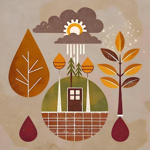 Photo abstract illustration depicting a stylized landscape with rain sun trees and a house