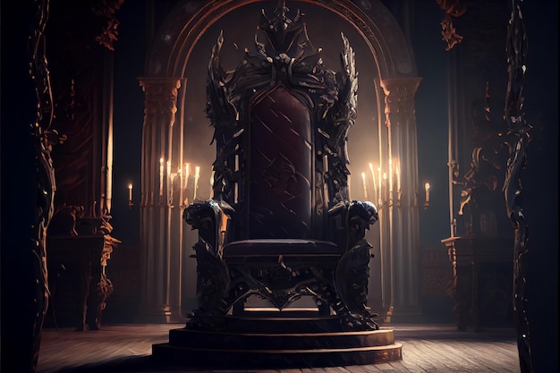 Abstract illustration design of empty throne in palace dark hall AI