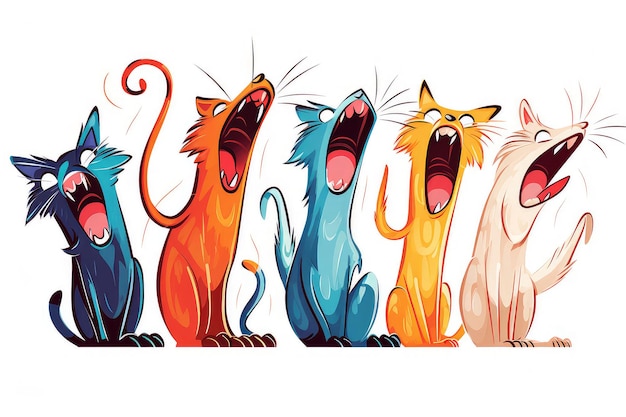 Abstract illustration of funny cartoon cats singing songs and screaming meow