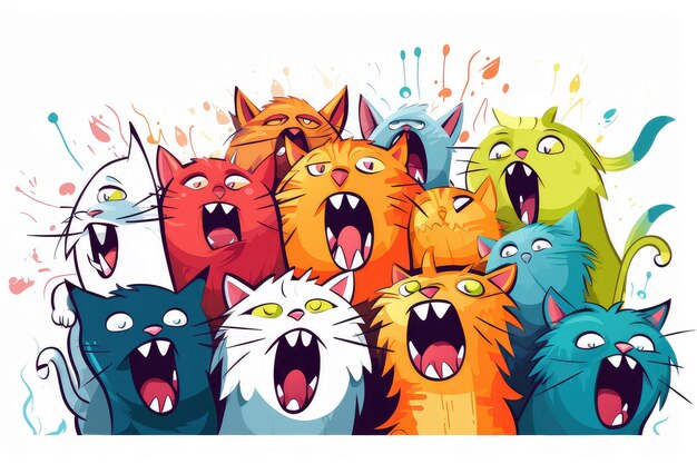 Abstract illustration of funny cartoon cats singing songs and screaming meow