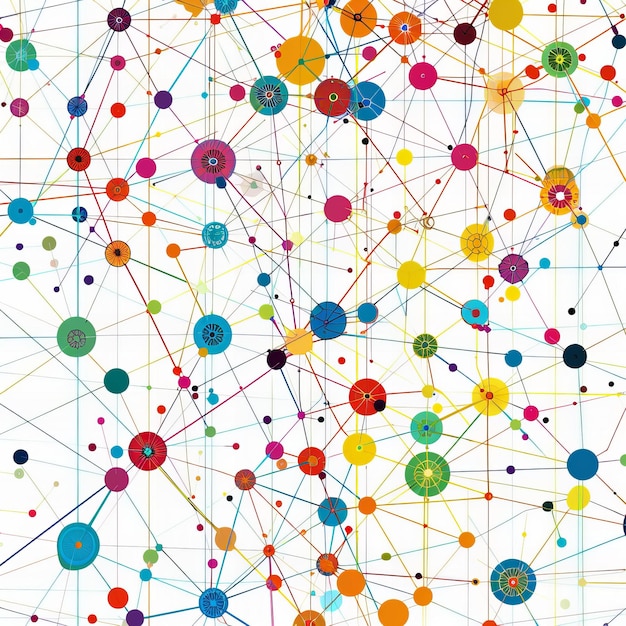 Abstract illustration of global network in colorful lines and dots on white background