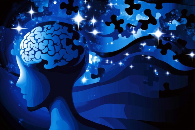 Abstract illustration of a head with a glowing brain and puzzle pieces symbolizing the complexity o