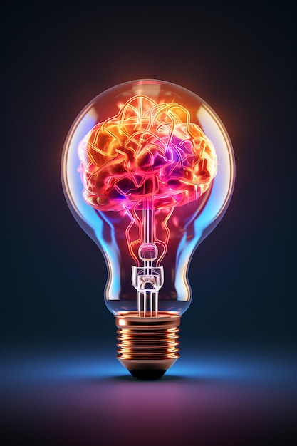 abstract illustration of human brain as lightbulb symbolising ideas in neon colors on dark background