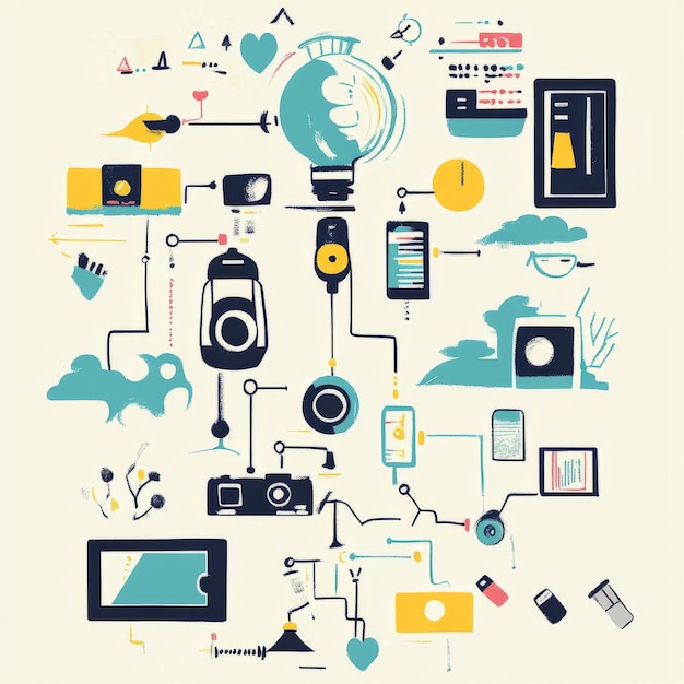 Photo abstract illustration of interconnected electronic devices and symbols