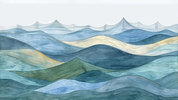 Abstract illustration of layered waves in varying shades of blue and green evoking tranquility