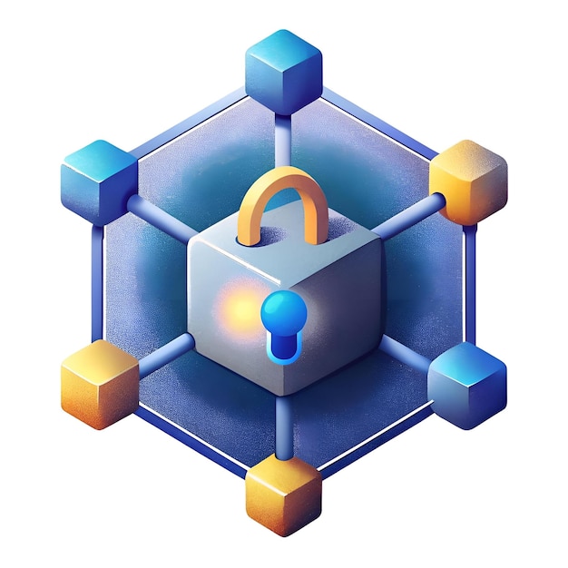 Abstract illustration of a locked cube connected to other cubes representing data security and network protection