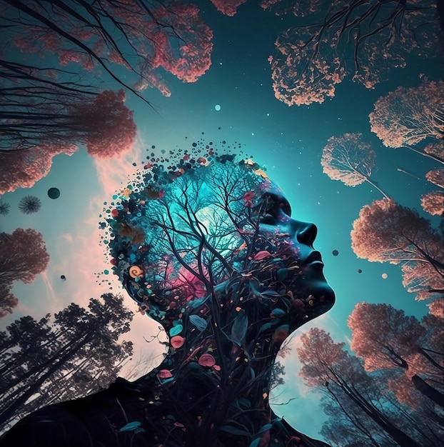 Abstract illustration of man profile with forest and blue sky