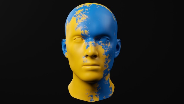 Abstract illustration of mannequin head 3D Render art blue and yellow paint