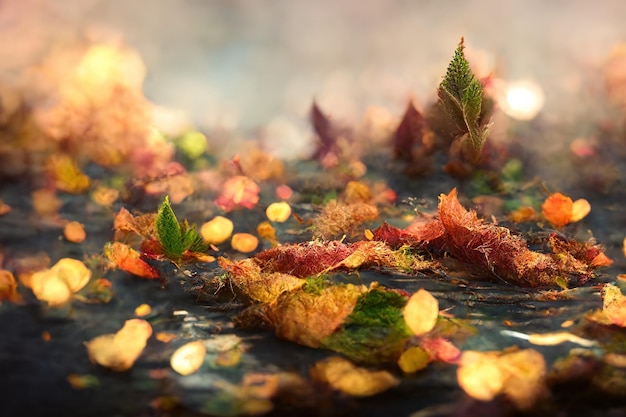 Abstract illustration of many dry leaves of golden color and bokeh