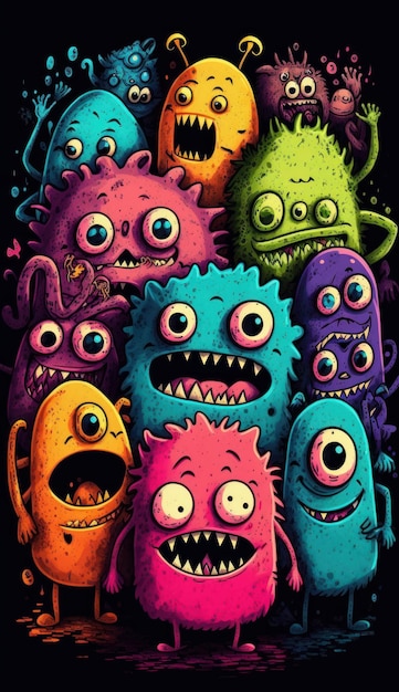 Abstract Illustration of many emotional cute monsters neon watercolors style on black ai generated