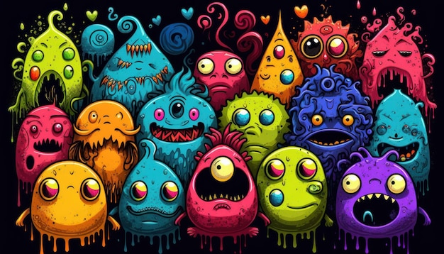 Abstract Illustration of many emotional cute monsters neon watercolors style on black ai generated