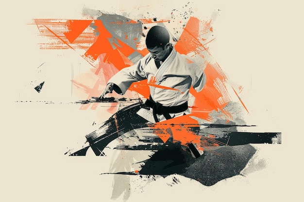 Abstract illustration of a martial artist with orange and black shapes in the background Experiment with abstract shapes and colors to represent the essence of Ju Jitsu