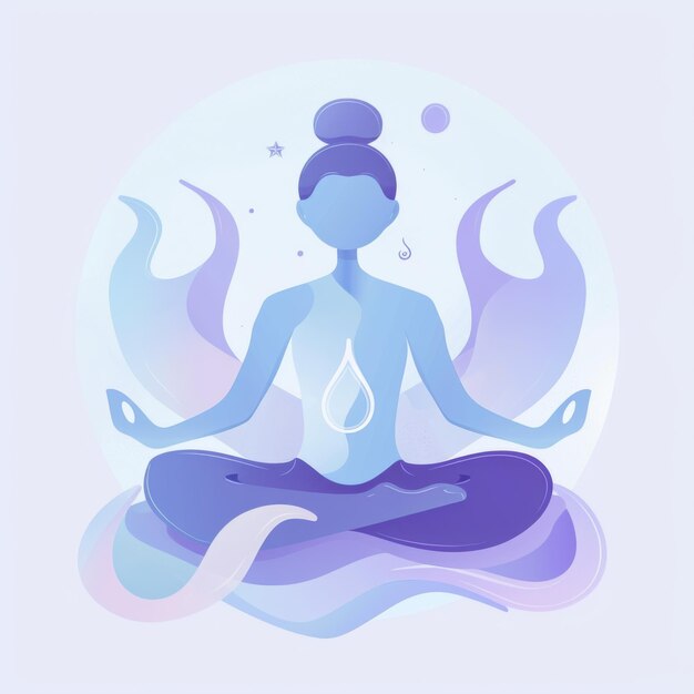 Abstract illustration of meditating figure with water drop symbol and flowing elements