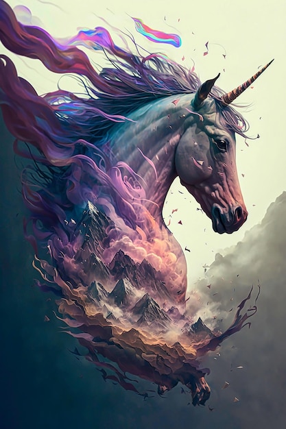 Abstract illustration of mythical unicorn over mountains. Fairy tale magical unicorn. Generative AI