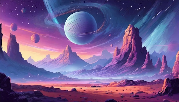 Abstract illustration of outer space desert with rocks Cosmic landscape Purple sky Fantasy planet