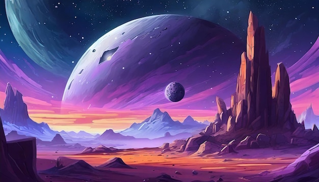 Abstract illustration of outer space desert with rocks Cosmic landscape Purple sky Fantasy planet