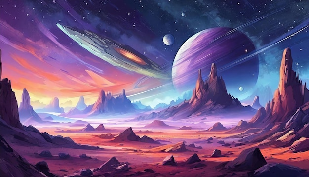 Abstract illustration of outer space desert with rocks Cosmic landscape Purple sky Fantasy planet