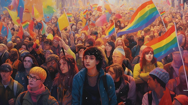 Abstract illustration of people with rainbow lgbt pride parade concept