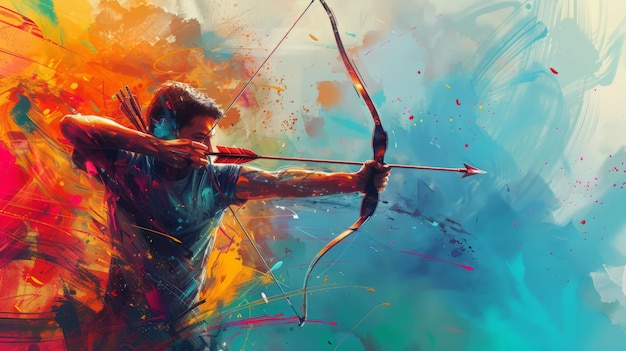 Abstract illustration of a person firing an arrow from a bow set against a vibrant colorful backdrop