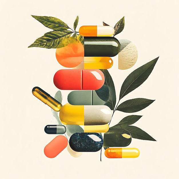 Photo abstract illustration of pills and leaves for healthcare and wellness designs