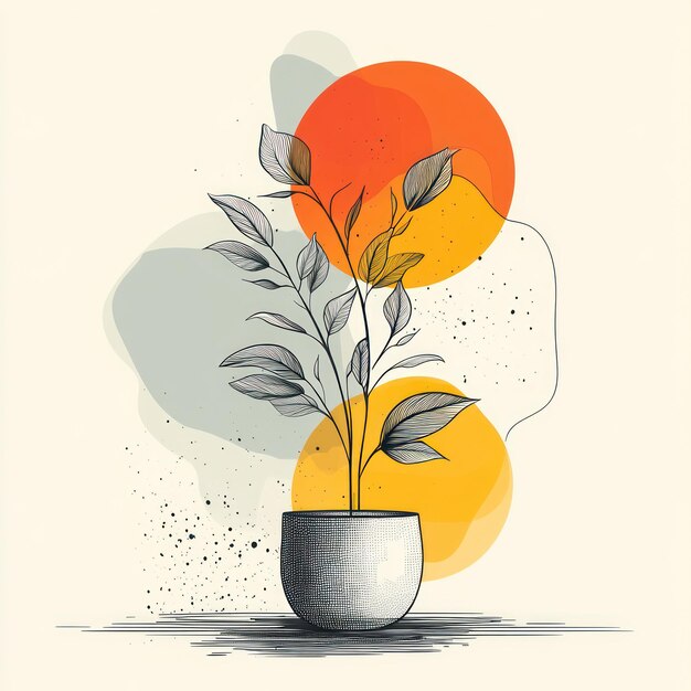 Photo abstract illustration of a plant in a pot with orange and yellow circles