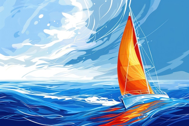 Photo abstract illustration of a sailboat with orange sails on a dynamic blue ocean