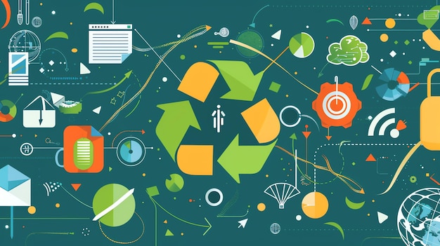 Photo an abstract illustration showing the concept of recycling with colorful symbols of technology and data