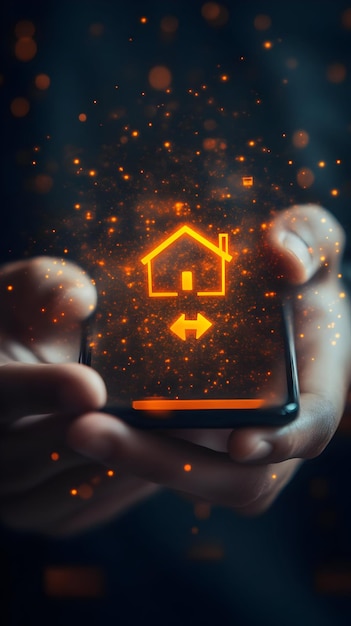 Photo abstract illustration of smart home technology with glowing house icon on smartphone