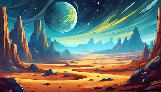 Abstract illustration of space desert with rocks Cosmic landscape Blue sky Fantasy planet