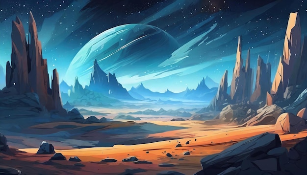 Abstract illustration of space desert with rocks Cosmic landscape Dark blue sky Fantasy planet