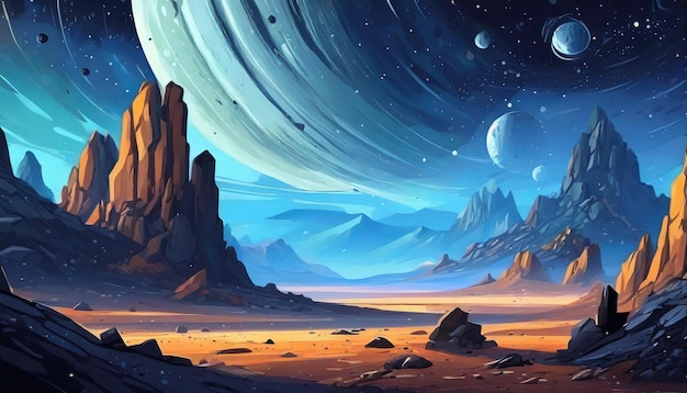 Abstract illustration of space desert with rocks Cosmic landscape Dark blue sky Fantasy planet