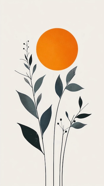 Abstract Illustration of a Sun and Black Branches with Leaves