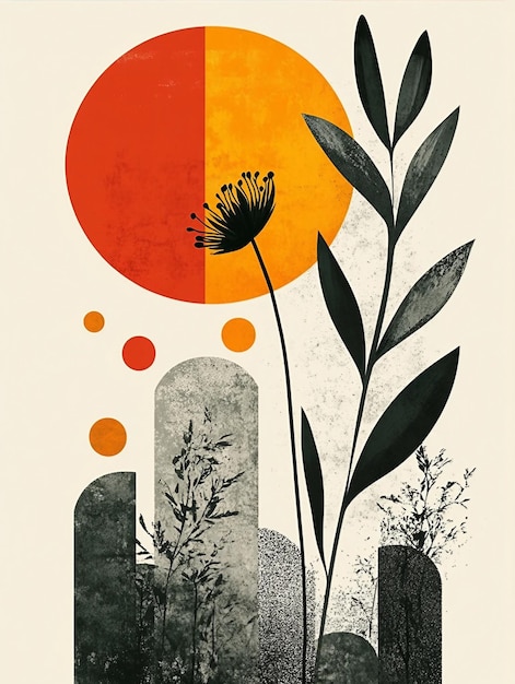 Abstract illustration with botanical elements and flowers on a muted background minimalistic