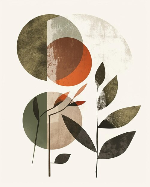 Abstract illustration with geometric shapes in earthy tones featuring leaves and circles