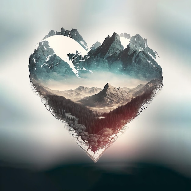 Abstract illustration with heart and mountain landscape