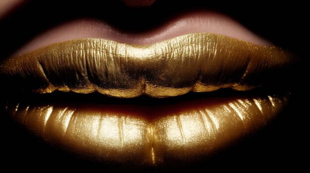 Abstract illustration with luxury golden lips ready kiss on gold background Glossy Sexy lipf with Glow sparkle and glitter