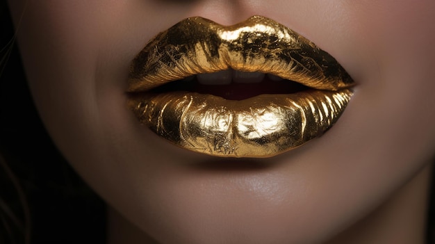 Abstract illustration with luxury golden lips ready kiss on gold background Glossy Sexy lipf with Glow sparkle and glitter