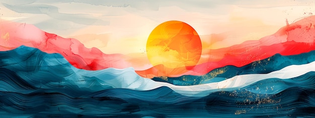 abstract illustration with summer vibes and wavy beach style abstract watercolor paint banner with