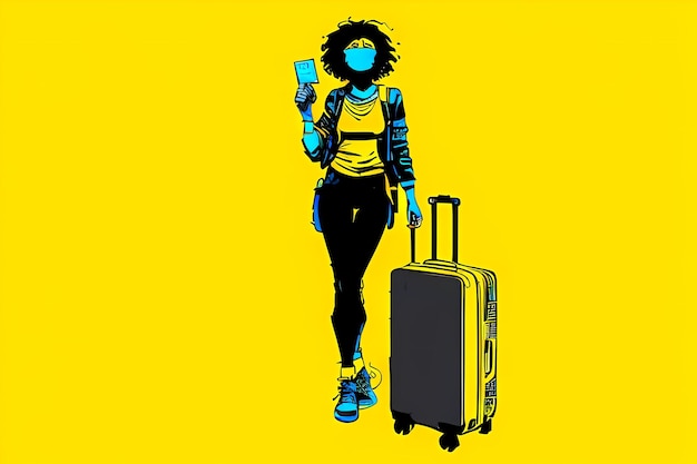 Abstract illustration woman in a medical mask with suitcases and tickets on a yellow background AI