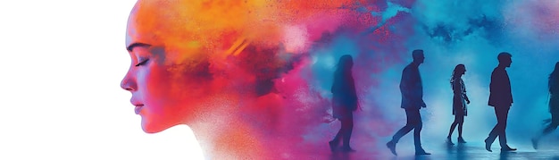 Photo abstract illustration of a woman39s face with silhouettes of people walking in a colorful background