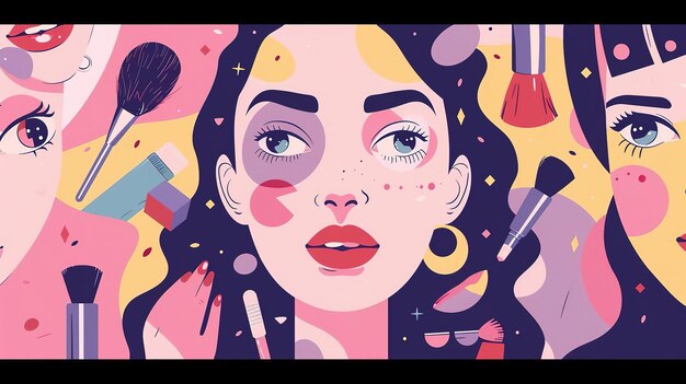 Abstract illustration of a womans face with makeup brushes and tools around her