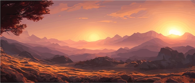 Abstract illustrations of a mountain landscape Sunrise and sunset in the mountains The concept of outdoors