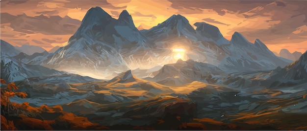 Abstract illustrations of a mountain landscape Sunrise and sunset in the mountains The concept of outdoors