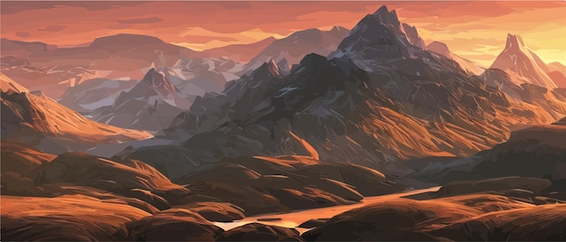 Abstract illustrations of a mountain landscape Sunrise and sunset in the mountains The concept of outdoors